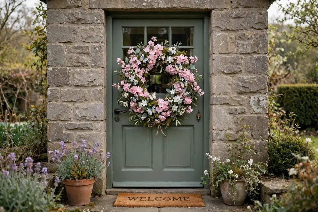Butterfly and blossom wreath with pink and white blooms and small decorative butterflies on a front door.
