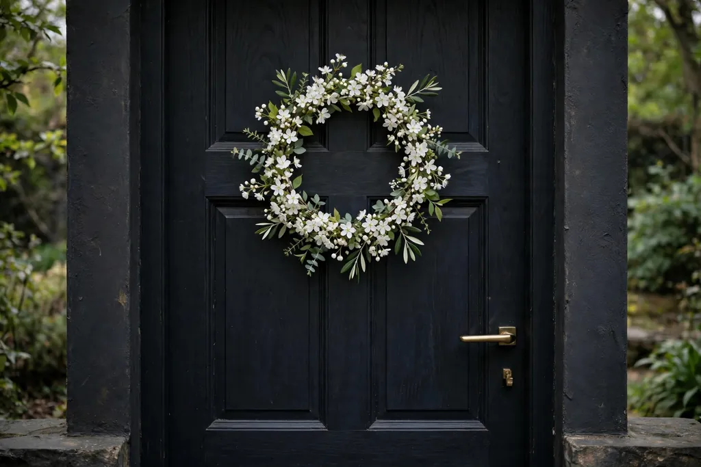 Minimal white blossom wreath with white blooms and green leaves on a dark front door.