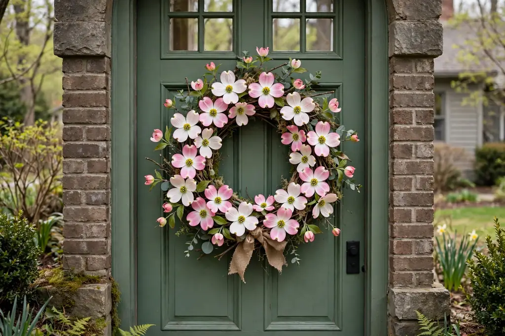 Pink and white dogwood wreath with four petal blooms on a front door.