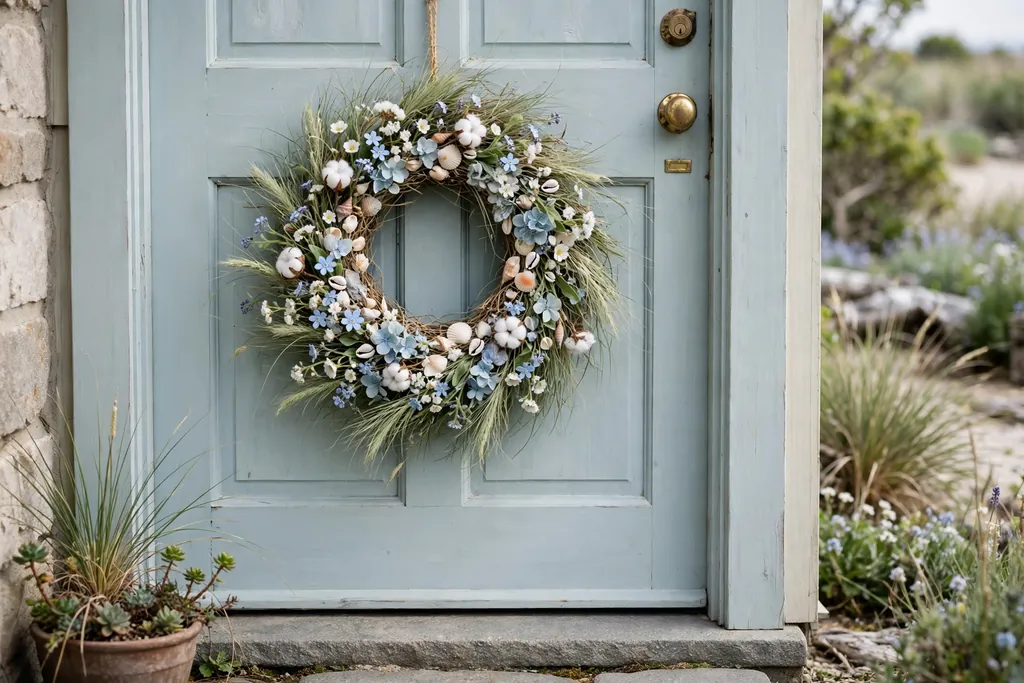 Coastal spring wreath with white and pale blue blooms, sea grass, and small shells on a pale blue front door.