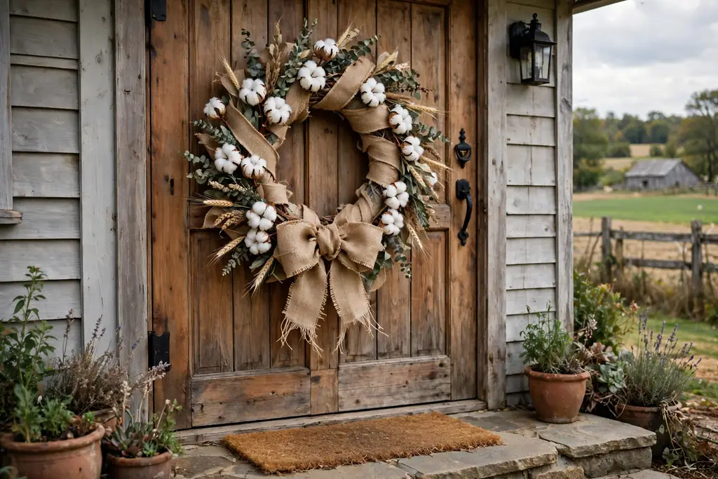 Farmhouse cotton and burlap wreath with cotton stems and a burlap bow on a wood front door.