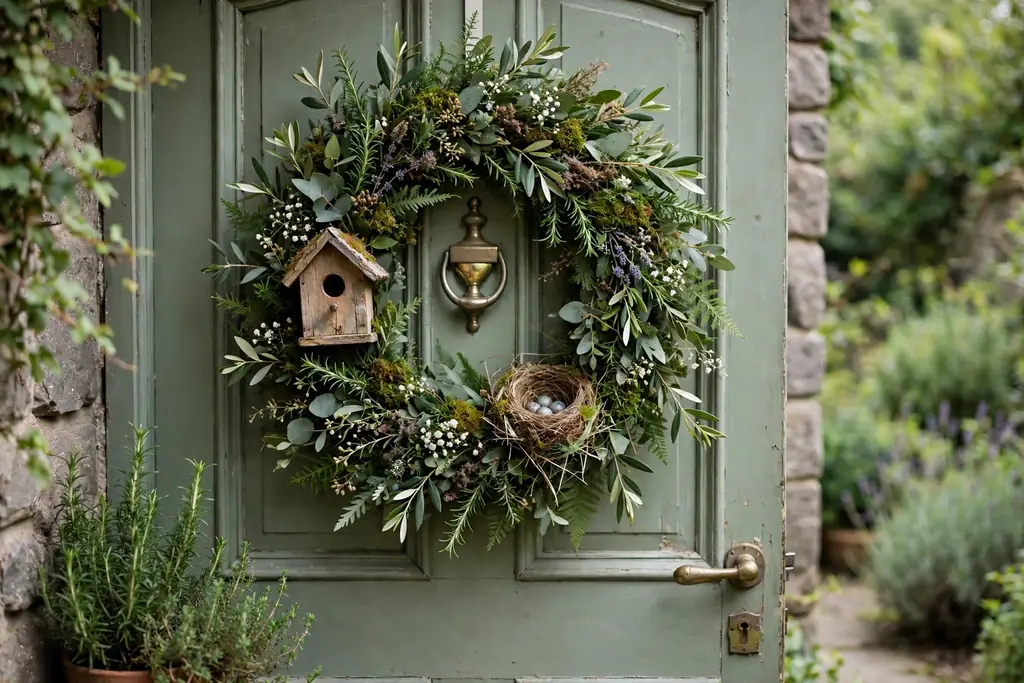 Birdhouse and nest wreath with a small birdhouse and a tiny nest on a garden front door.