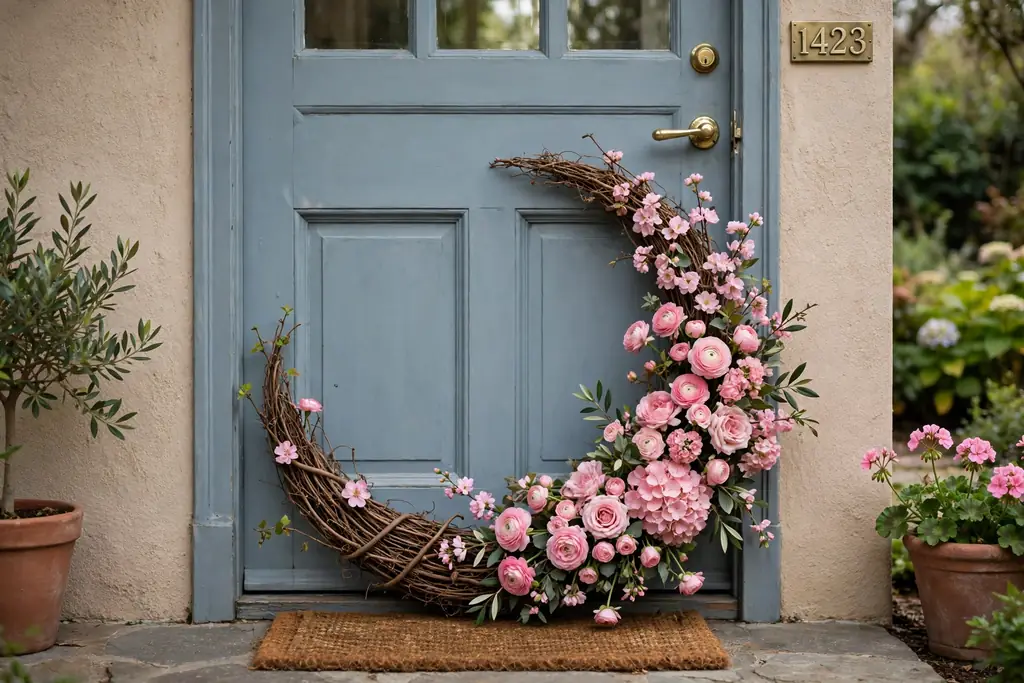 Asymmetric crescent wreath with pink blooms on the lower half of a grapevine base on a front door.