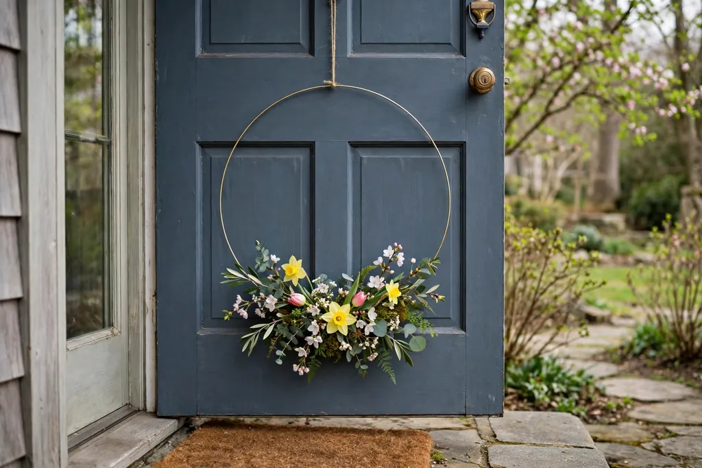 Hoop wreath with a single cluster of spring blooms at the bottom of a thin metal hoop on a front door.