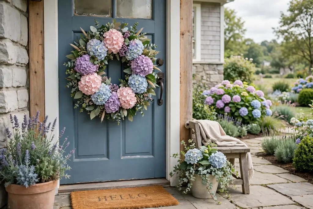 Pastel hydrangea wreath in blush, lilac, and pale blue on a front door.