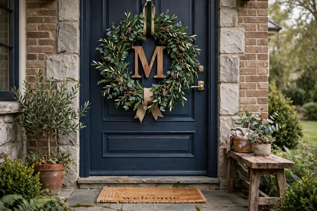 Monogram initial wreath with a wooden letter in the center of a green wreath on a front door.