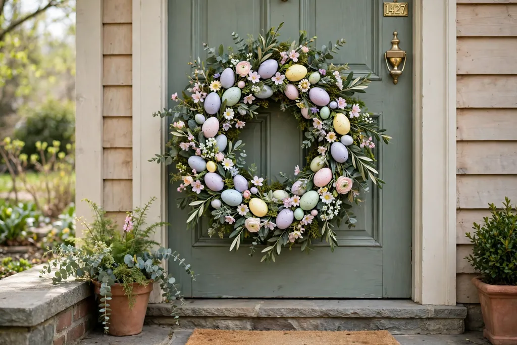 Easter egg pastel wreath with pastel faux eggs, small blooms, and greenery on a front door.