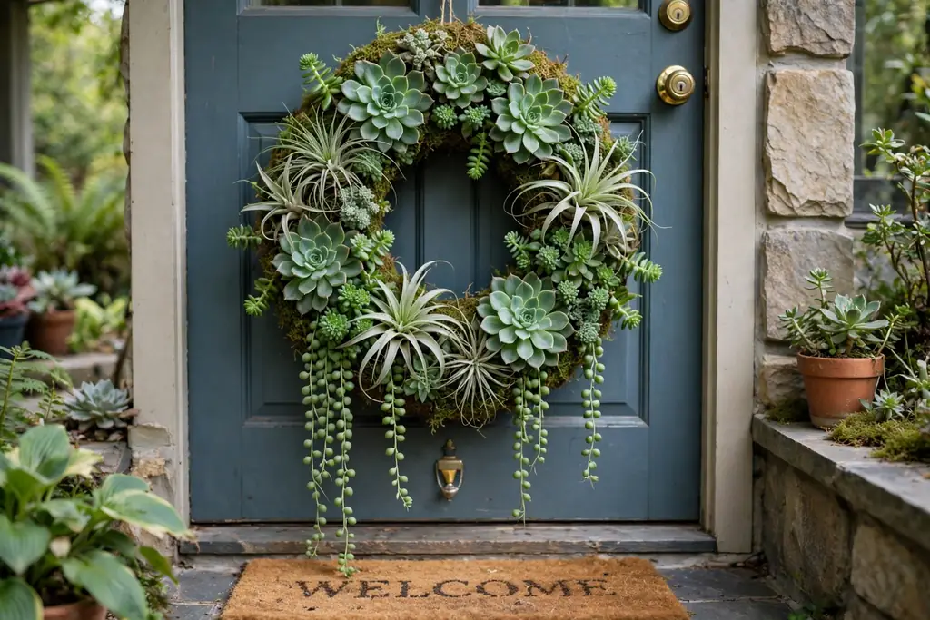 Succulent and air plant wreath with green succulents on a moss base on a front door.
