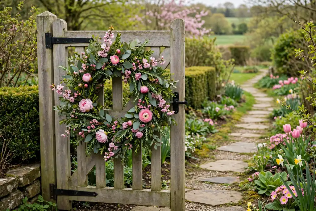 Spring wreath on a garden gate with pink blooms and greenery beside a garden path.