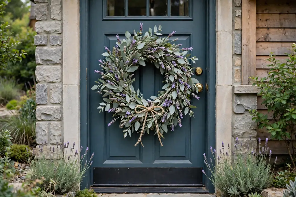 Lavender and eucalyptus wreath with purple buds and silver green leaves on a front door.