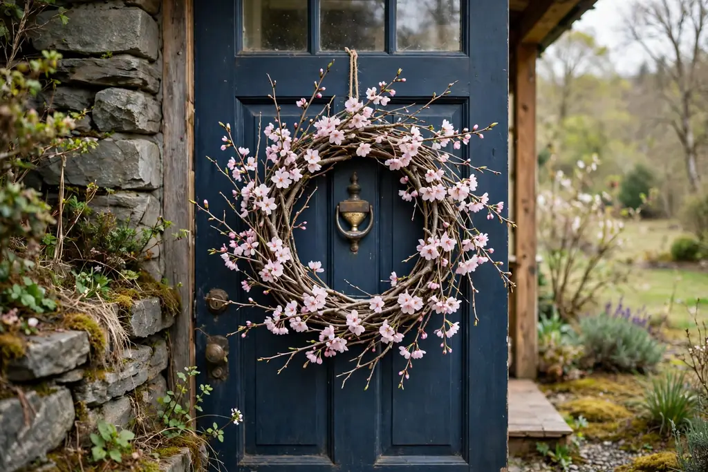 Cherry blossom branch wreath with pale pink blooms and bare twigs on a front door.