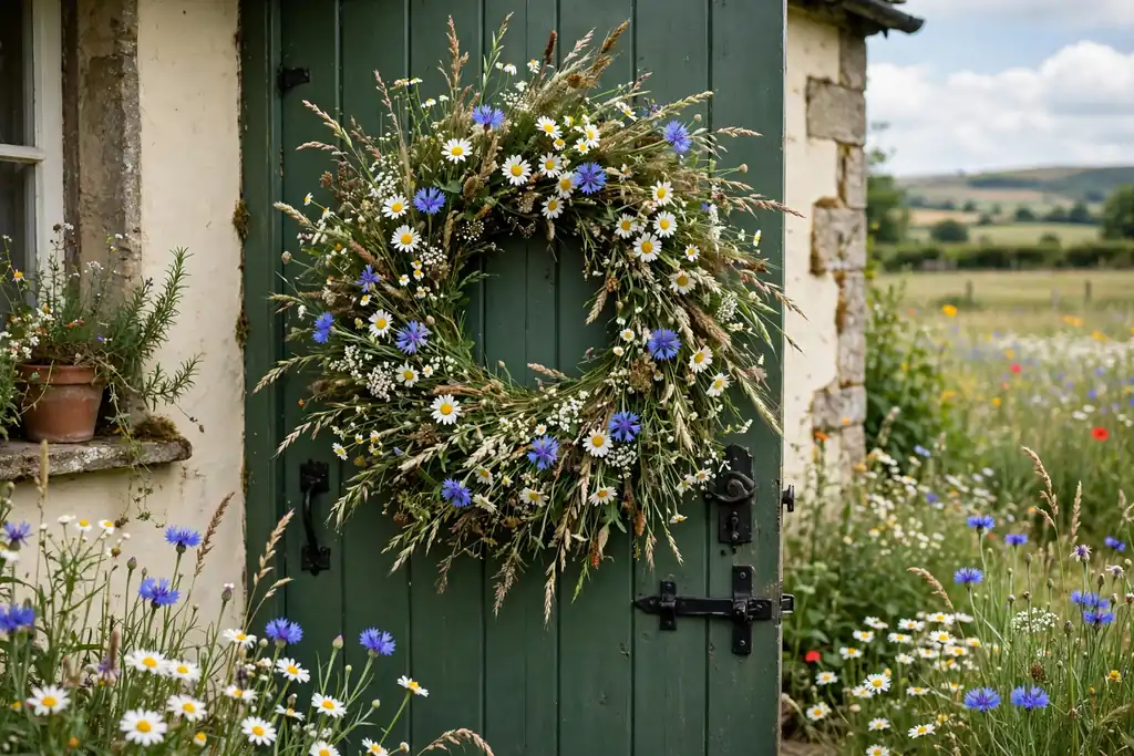 Wildflower meadow wreath with daisies, cornflowers, and grasses on a cottage front door.