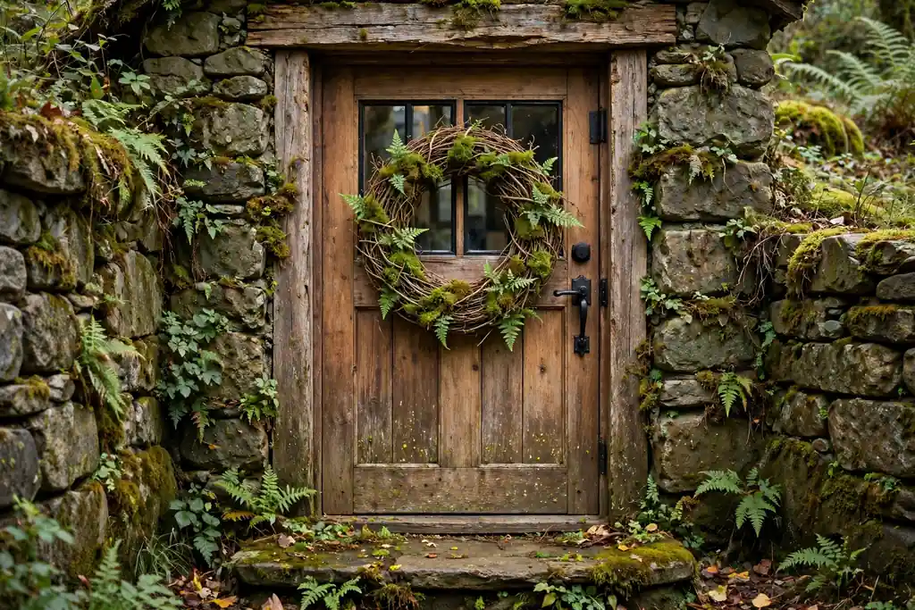 Grapevine wreath with green moss and small ferns on a wood front door.