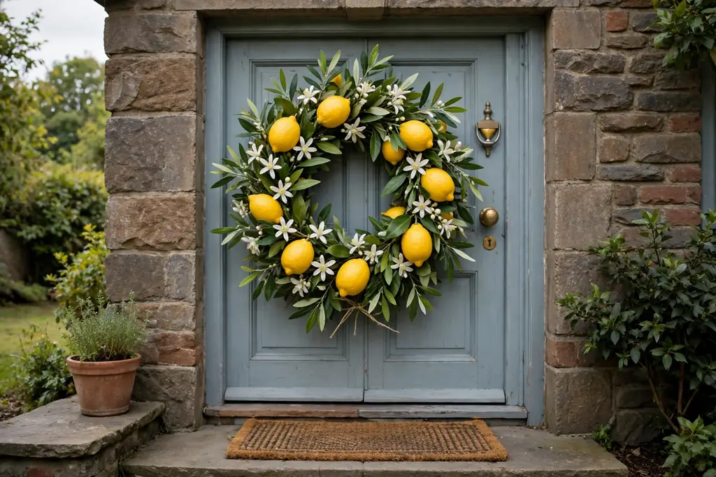 Lemon and leaf wreath with yellow lemons, green leaves, and white blossoms on a front door.