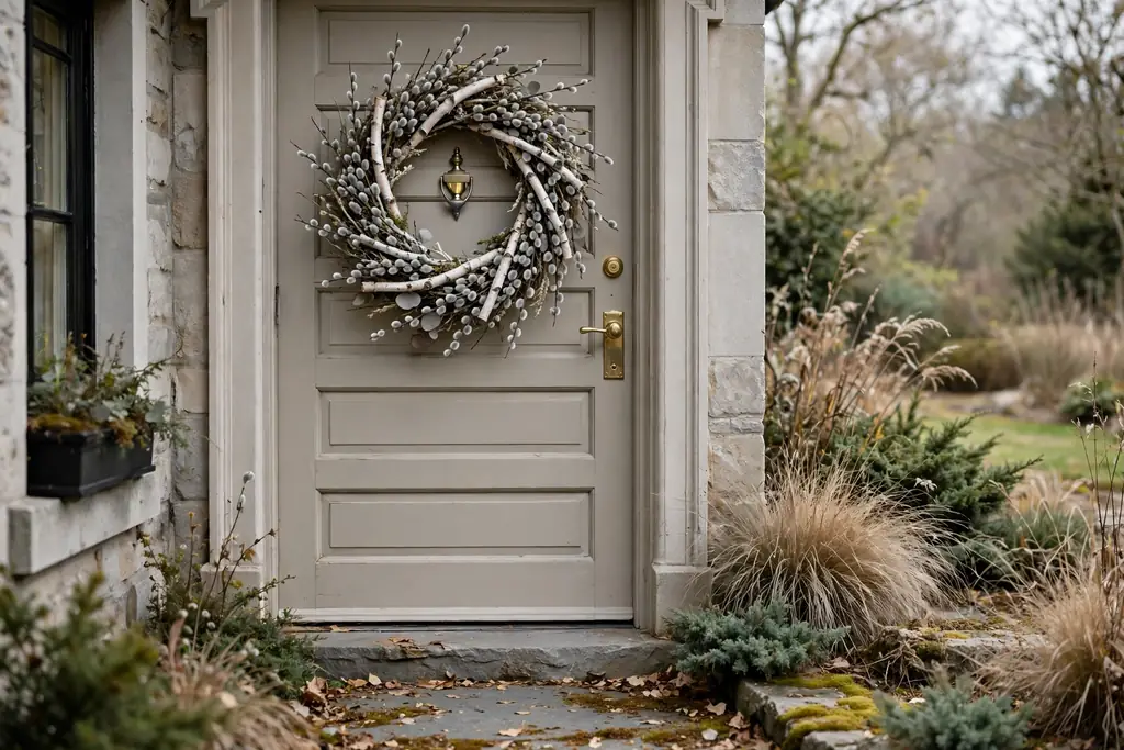 Pussy willow and birch wreath with soft gray buds on a neutral front door.