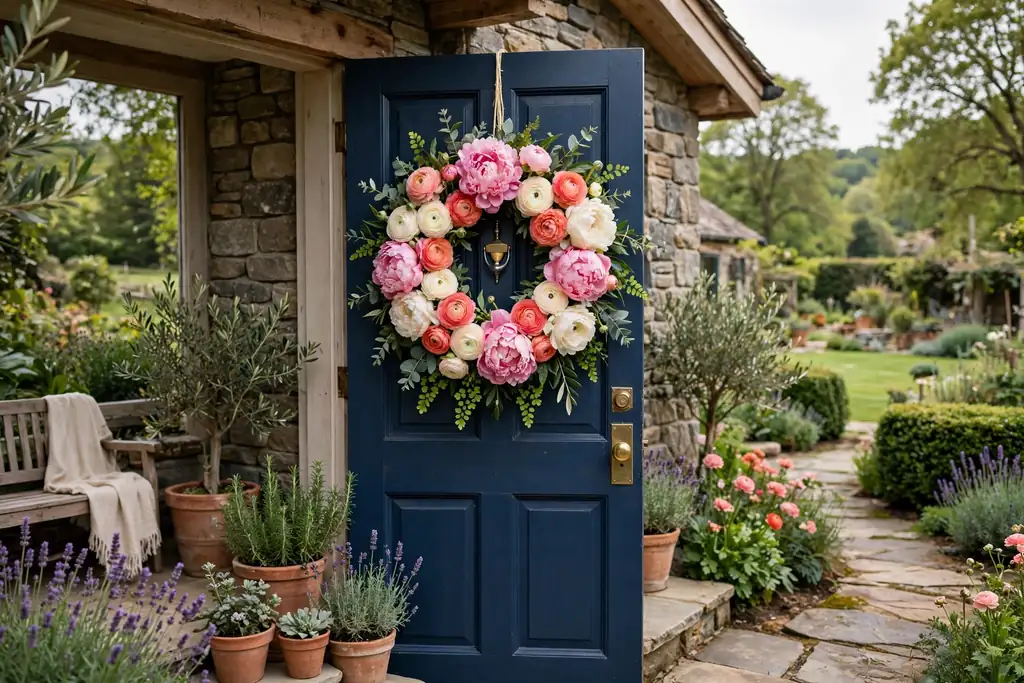 Peony and ranunculus wreath in pink, coral, and cream on a front door.