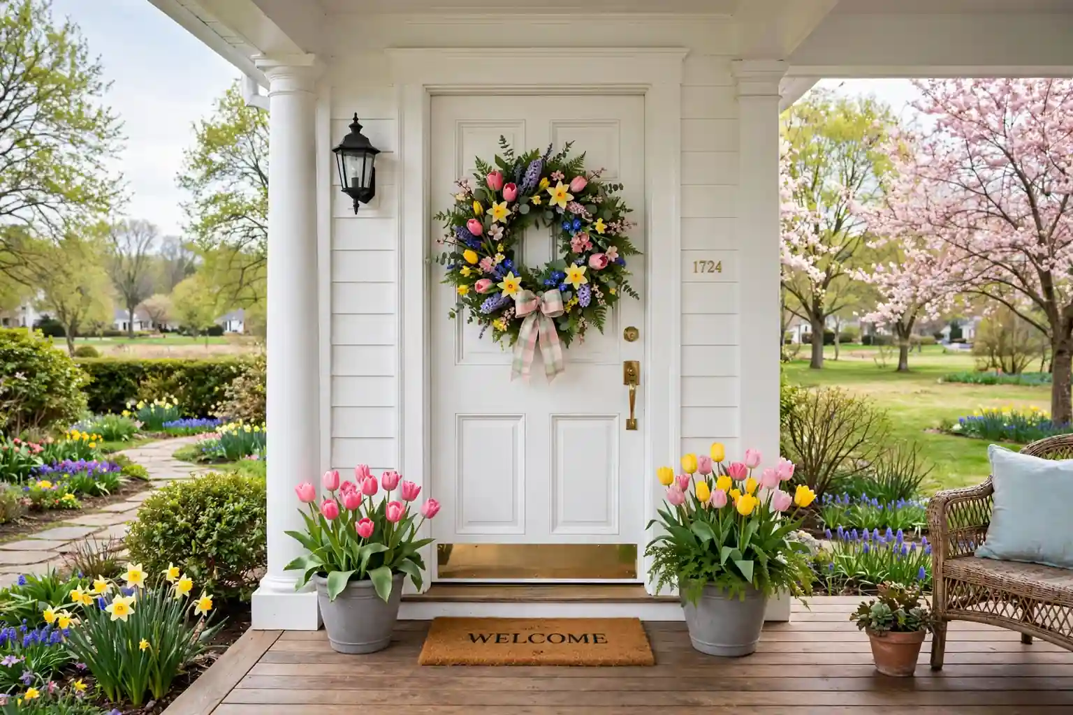Bright front porch with a colorful spring wreath on a white front door and potted tulips beside the door.