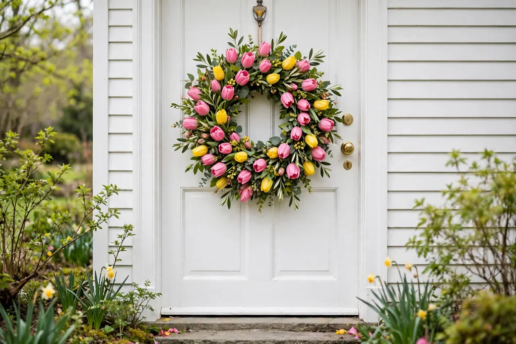 Full pink and yellow tulip wreath on a white front door