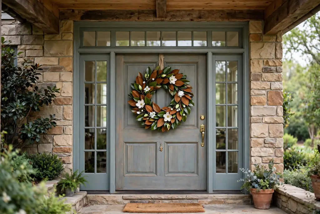 Magnolia leaf wreath with green and brown leaves on a front door