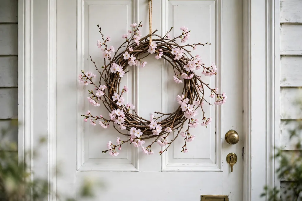 Cherry blossom branch wreath with pale pink blooms on a white door