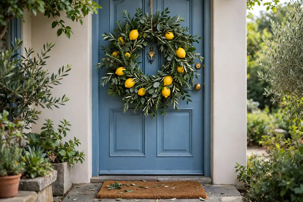Lemon and greenery wreath with yellow lemons on a blue door