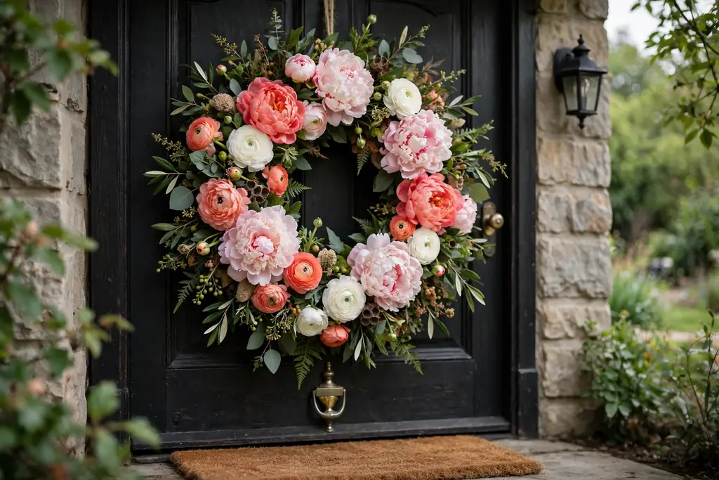 Peony and ranunculus wreath in blush and coral on a dark door