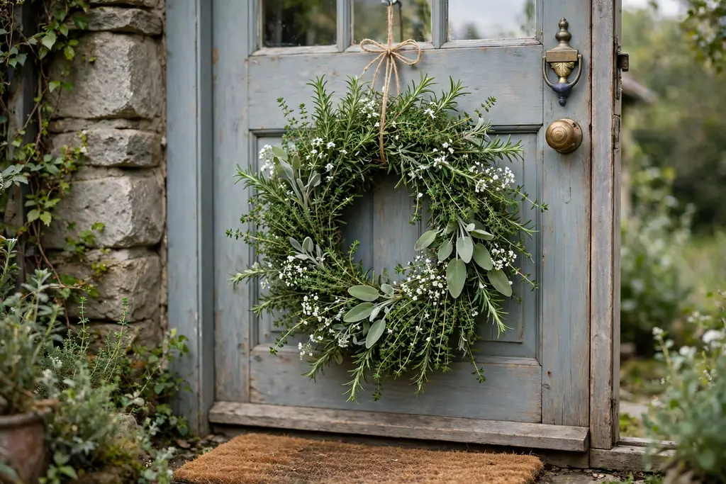 Herb wreath with rosemary and sage on a cottage door