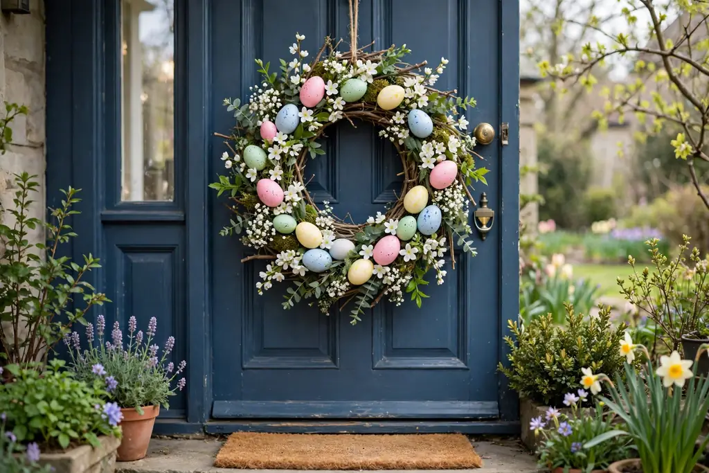 Pastel egg and bloom wreath on a front door in spring