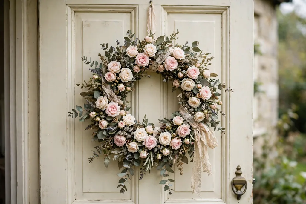 Vintage rose wreath in soft pink and cream on a cream door