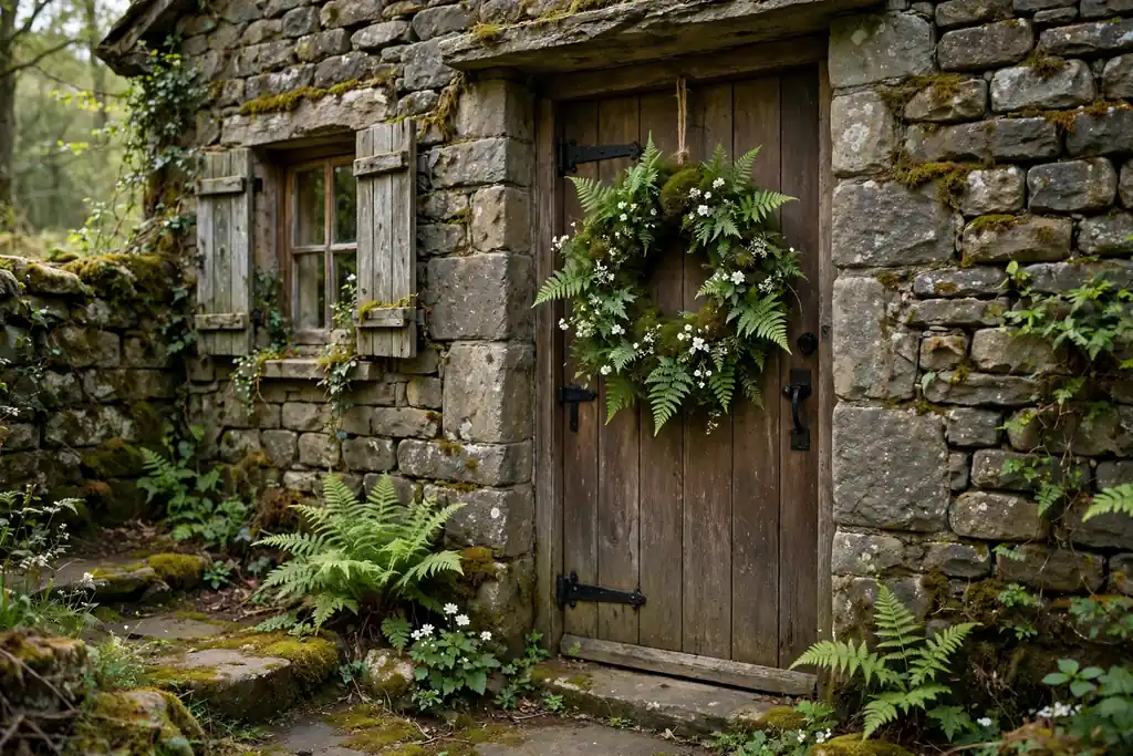 Moss and fern wreath with white blooms on a stone cottage door