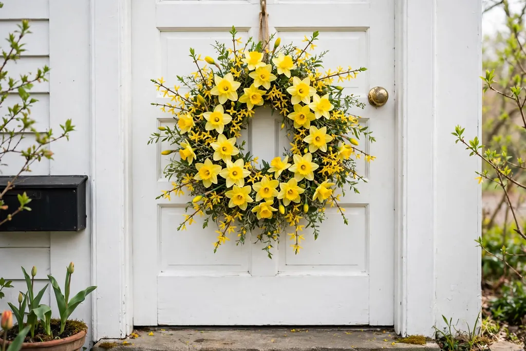 Daffodil and forsythia wreath with yellow blooms on a white door