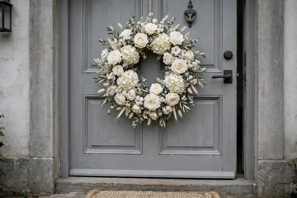 White and cream bloom wreath on a grey front door