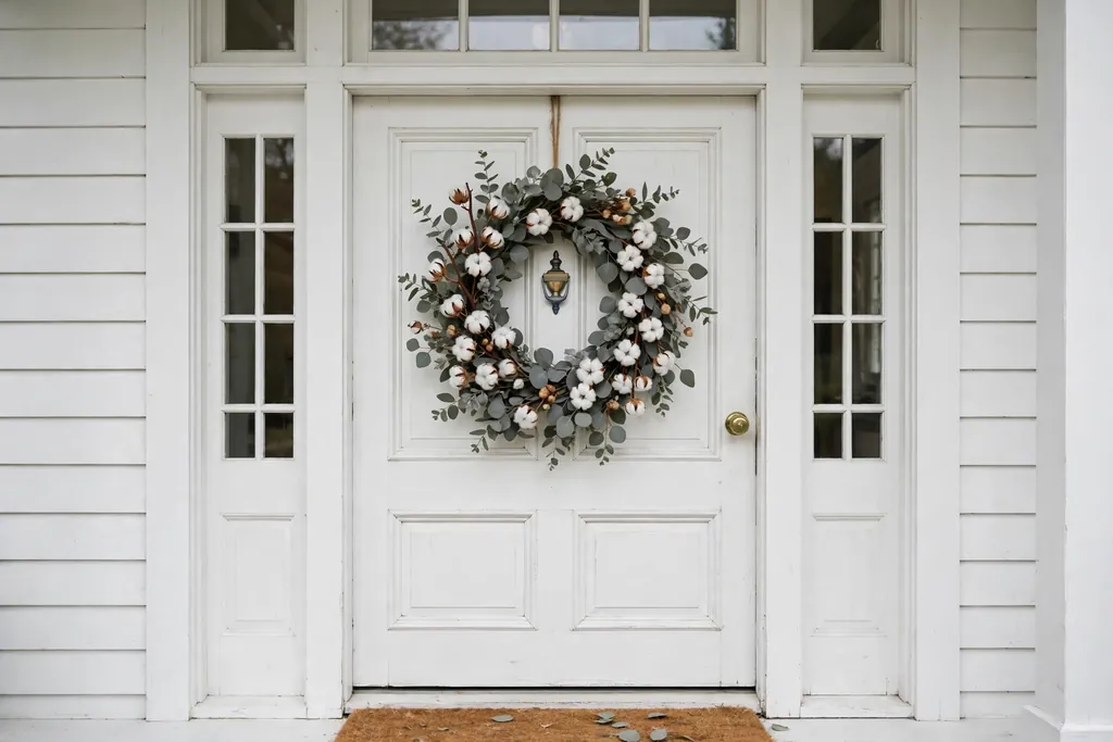 Cotton and eucalyptus wreath on a white farmhouse front door