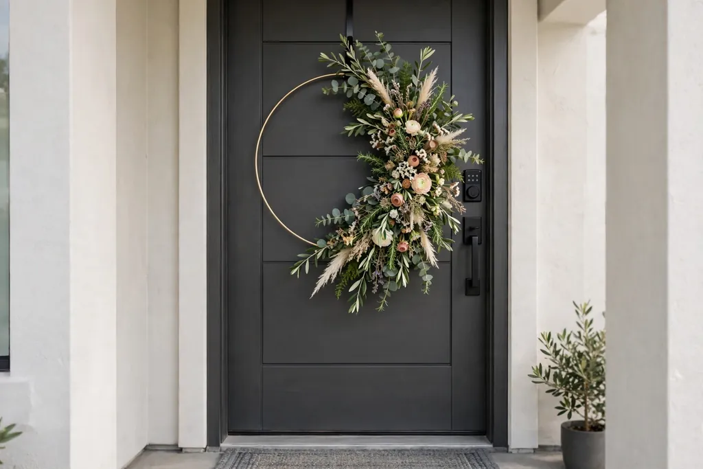 Asymmetric floral wreath with blooms on one side of a plain ring