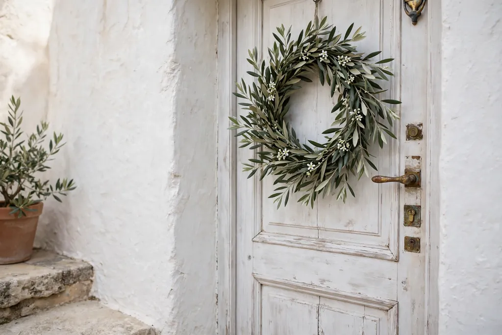 Olive branch wreath with grey green leaves on a whitewashed door