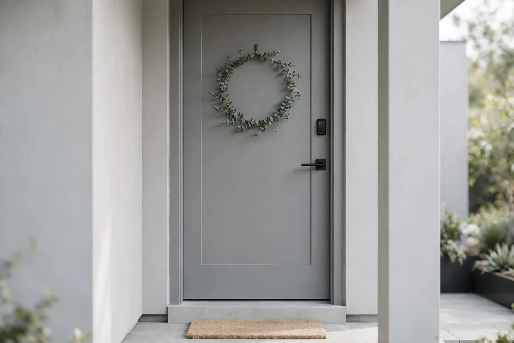 Thin modern greenery ring on a grey front door