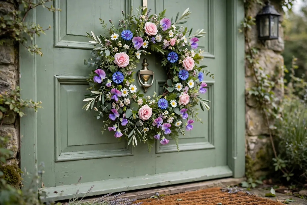 Cottage garden wreath with mixed pastel blooms on a sage door