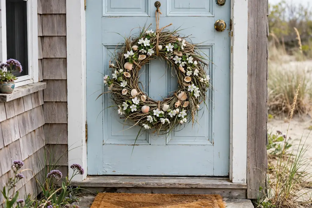 Coastal wreath with white blooms and sea grass on a light blue door