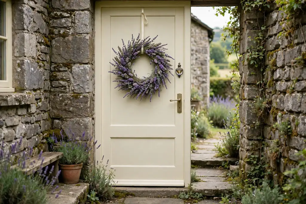 Lavender wreath with purple blooms on a cream front door