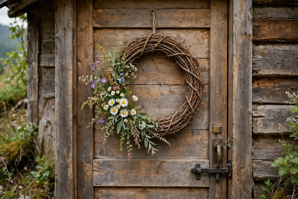 Grapevine wreath with wildflowers on a wooden front door