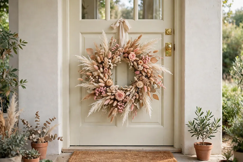 Dried flower and pampas wreath on a light front door