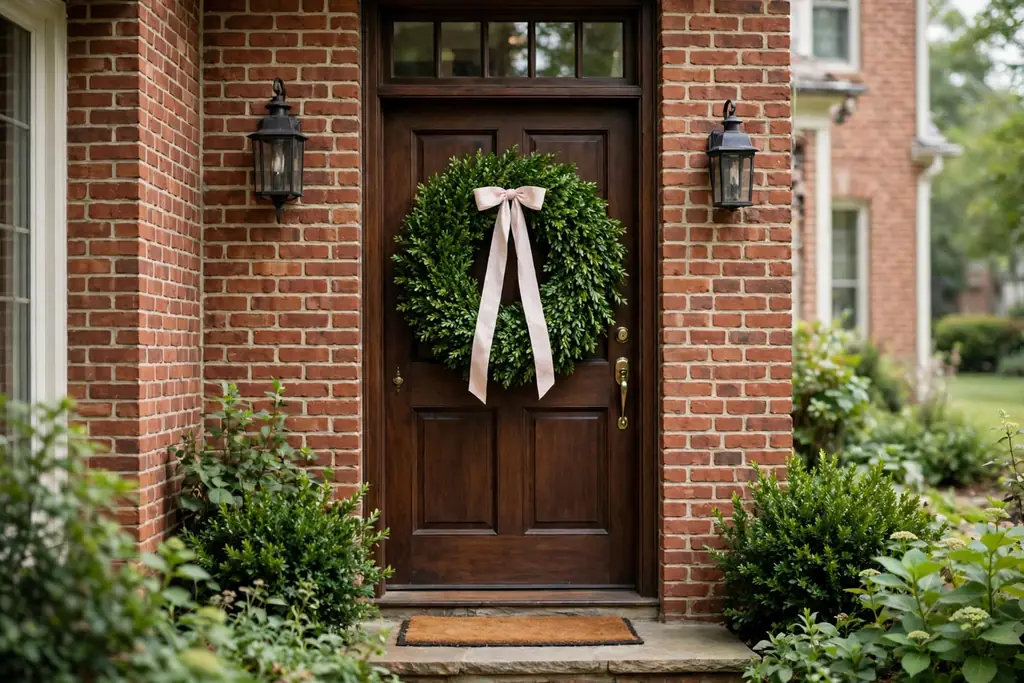Boxwood wreath with a pale pink ribbon on a front door