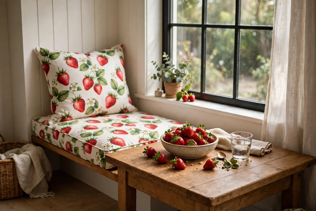 Breakfast nook with strawberry print cushions and a bowl of strawberries on a wood table.