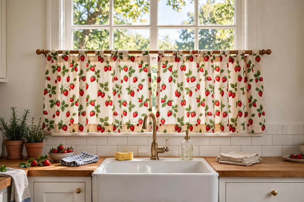 Kitchen window with strawberry print cafe curtains above a sink.