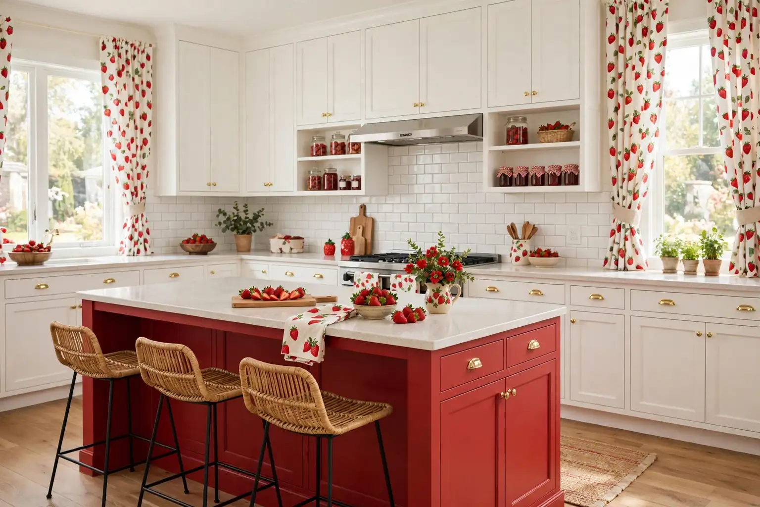 Wide kitchen with white cabinets, a strawberry red island, and strawberry print curtains in daylight.