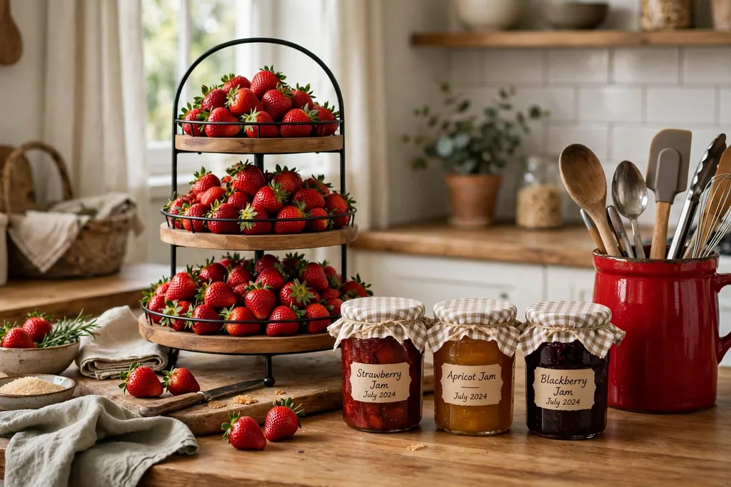 Kitchen counter station with a tiered stand of strawberries, jam jars, and a red utensil crock.