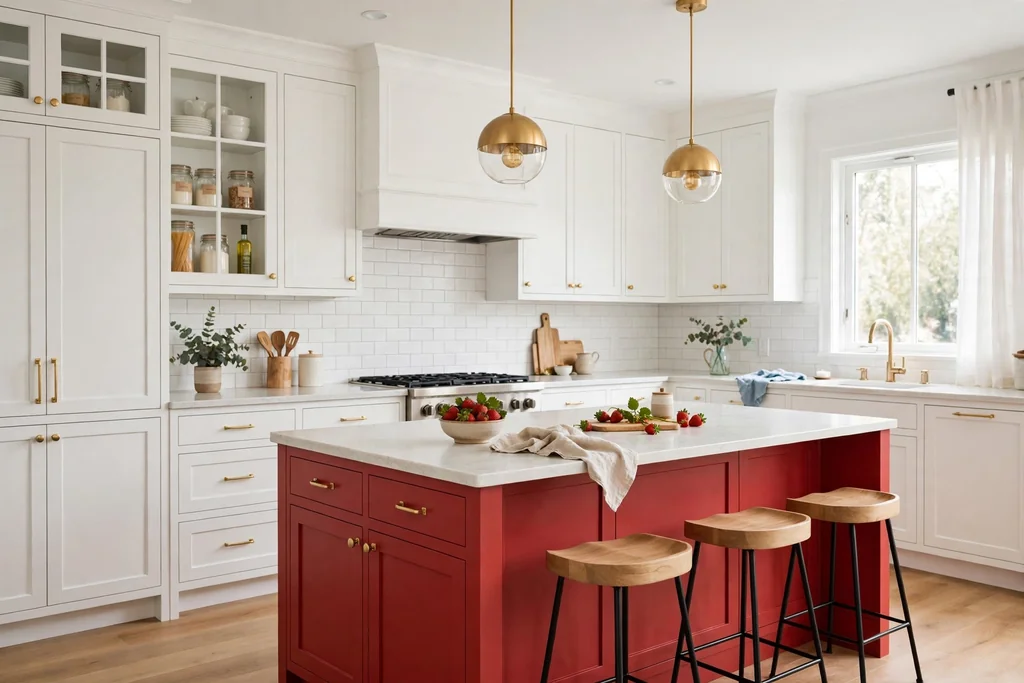 Strawberry red kitchen island with a pale counter in a white kitchen.