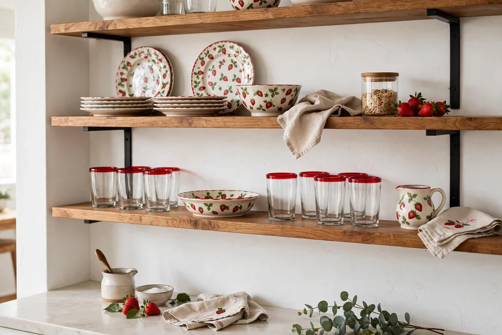 Open kitchen shelves holding strawberry patterned dishes and red rimmed glasses.