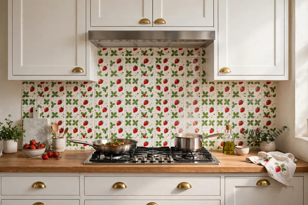 Strawberry print tile backsplash behind a kitchen cooker with white cabinets.