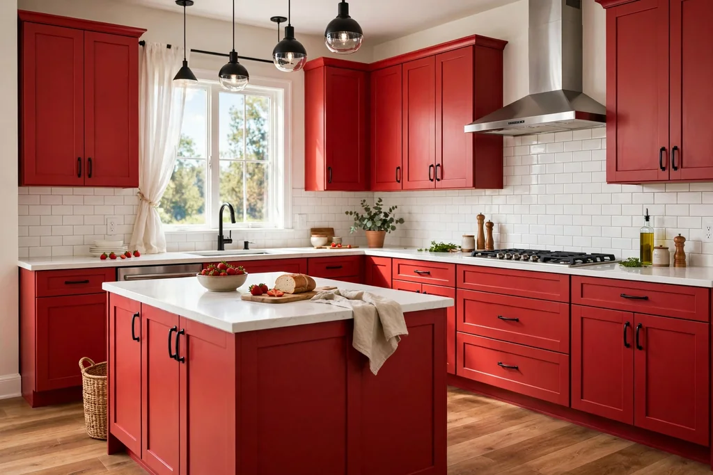 Kitchen with strawberry red shaker cabinets, white counters, and a wood floor.